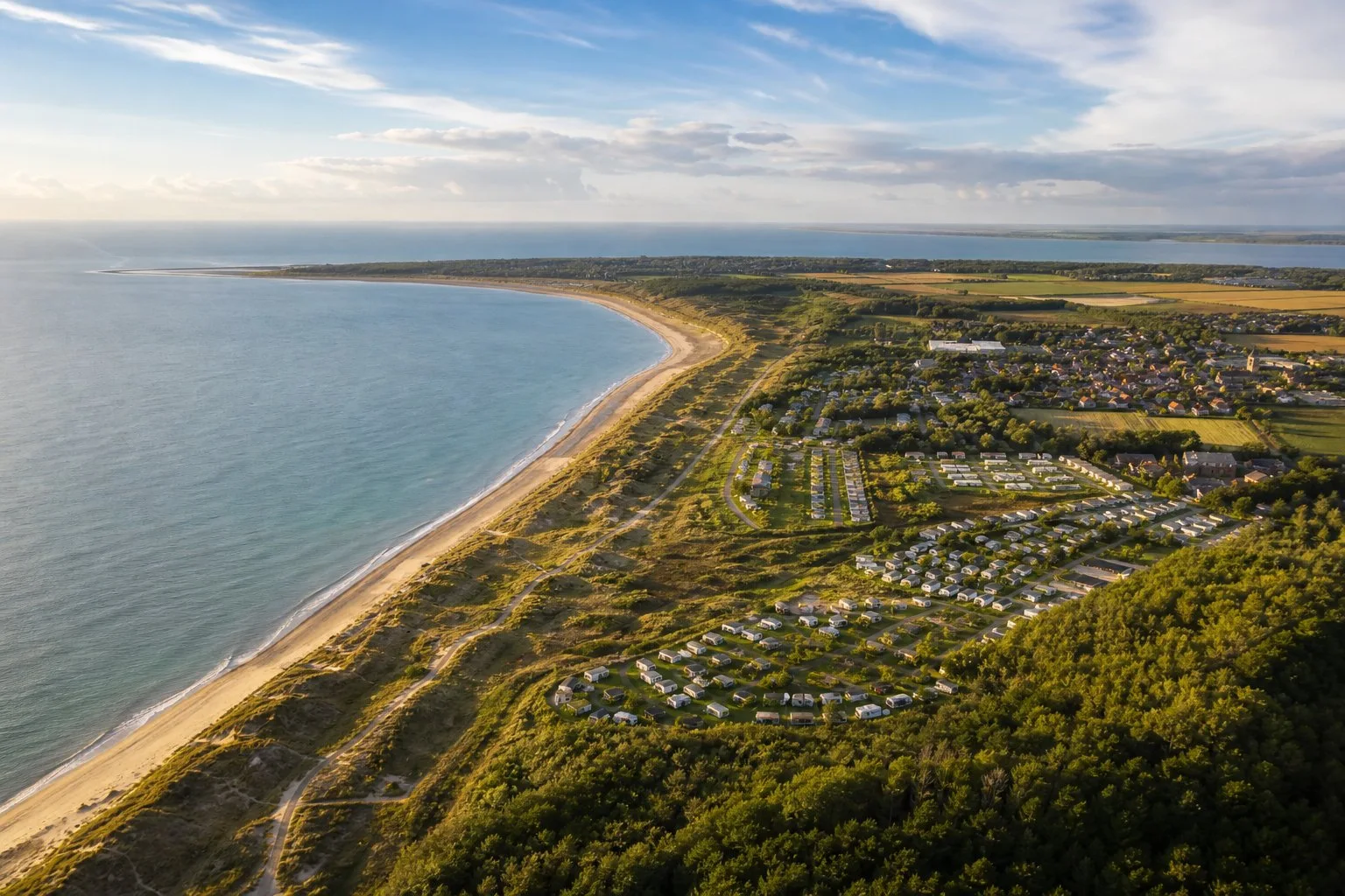 Luchtfoto van de duinen en kust bij een camping op Schouwen-Duiveland